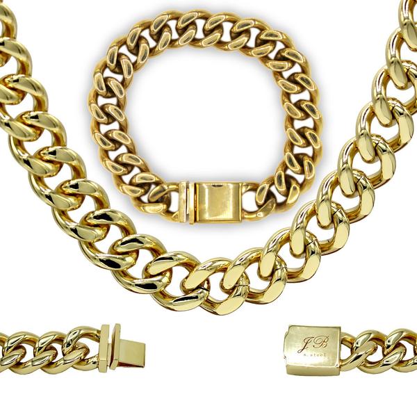 Miami Cuban Link Necklace Bracelet Set 18k Gold Plated Stainless Steel Fashion Jewelry 14 mm