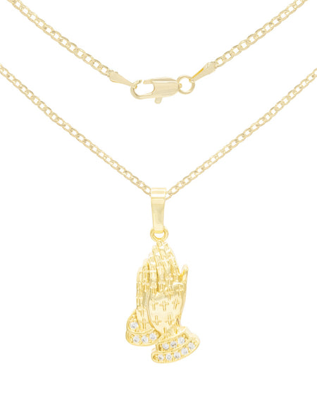 Cubic Zirconia Praying Hands Pendant 14K Gold Filled Necklace Set