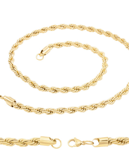 14K Gold Plated Rope Chain Twisted Link Necklace for Men 18" 20" 24" 30" Length | 2 mm - 7 mm Width