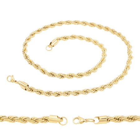 14K Gold Plated Rope Chain Twisted Link Necklace for Men 18" 20" 24" 30" Length | 2 mm - 7 mm Width