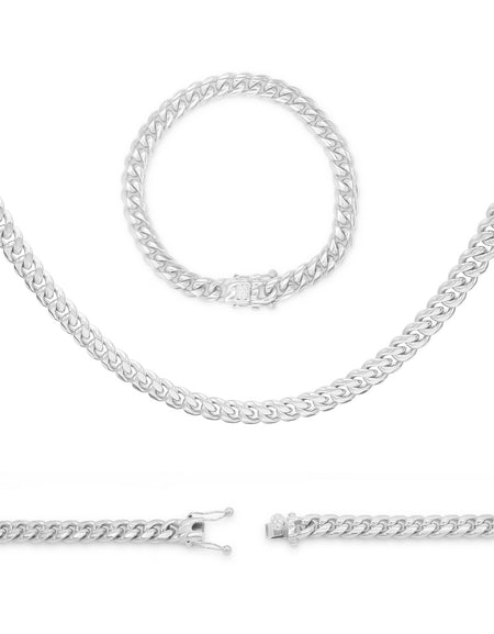 Silver Cuban Link Chain Necklace 30" Bracelet 8.5" Stainless Steel Set For Men
