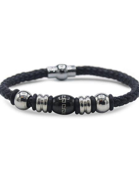 Decorative Leather Bracelet Stainless Steel Accents Magnetic Clasp (Silver/Black)