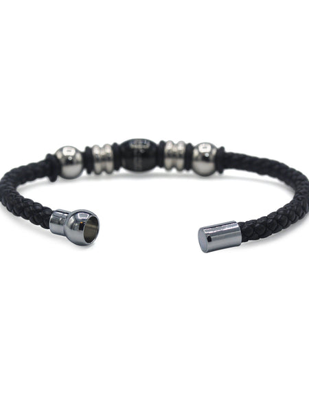 Decorative Leather Bracelet Stainless Steel Accents Magnetic Clasp (Silver/Black)
