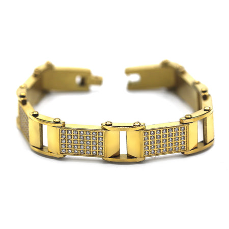 Ornate Men’s Stainless Steel Bracelet Fashion Wrist Band CZ (Gold)
