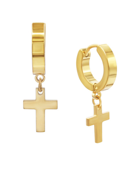 Cross Pendant Huggie Hoops 14K Gold Plated Silver Black Earrings