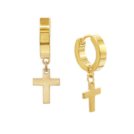 Cross Pendant Huggie Hoops 14K Gold Plated Silver Black Earrings