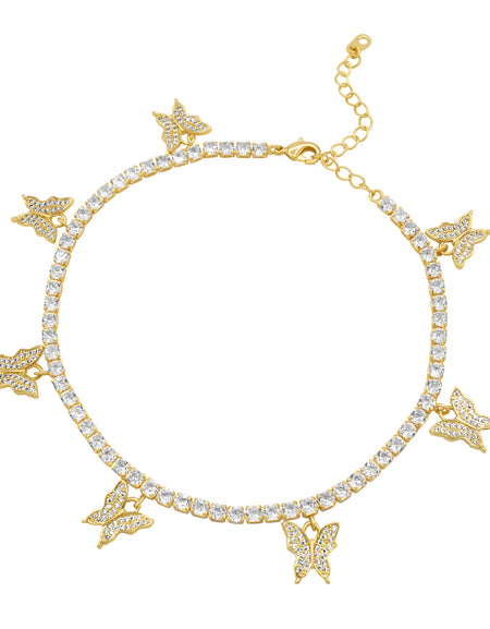 Butterfly Tennis Anklet 14K Gold And Silver Plated 3 mm Foot Bracelet 9" Chain Cubic Zirconia Stones Women Jewelry