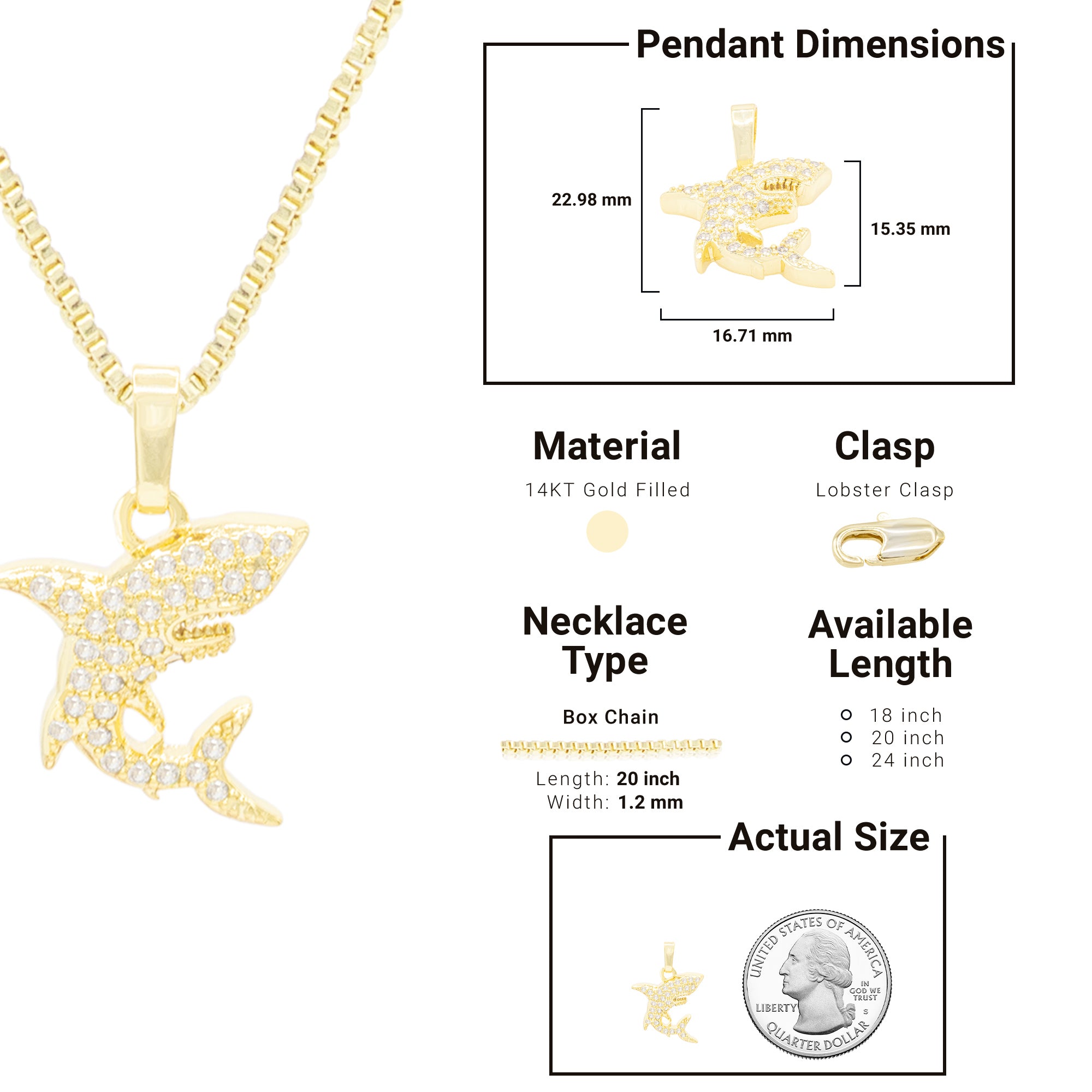 Shark Pendant Cubic Zirconia 14K Gold Filled Necklace Set