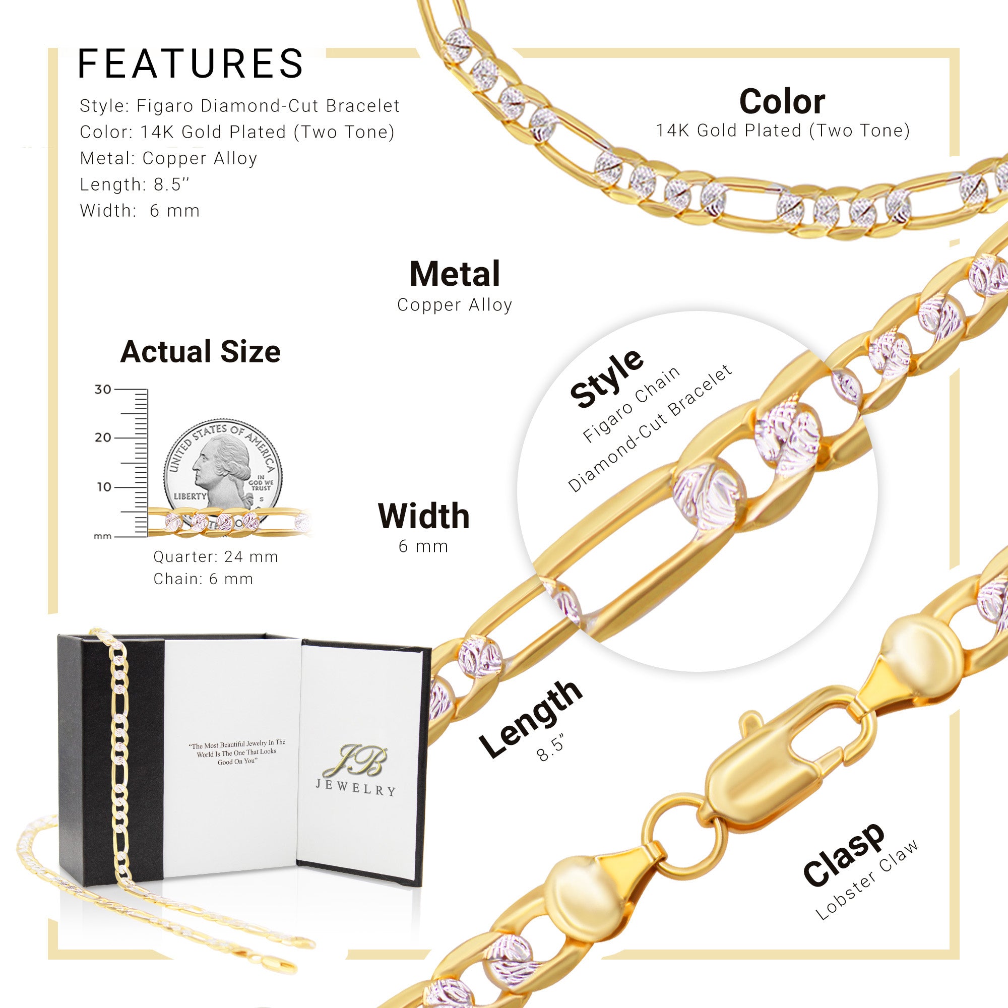 Diamond-Cut Figaro Chain 14K Gold Filled Bracelet 8.5" Lobster Claw Clas Men Jewelry 6 mm