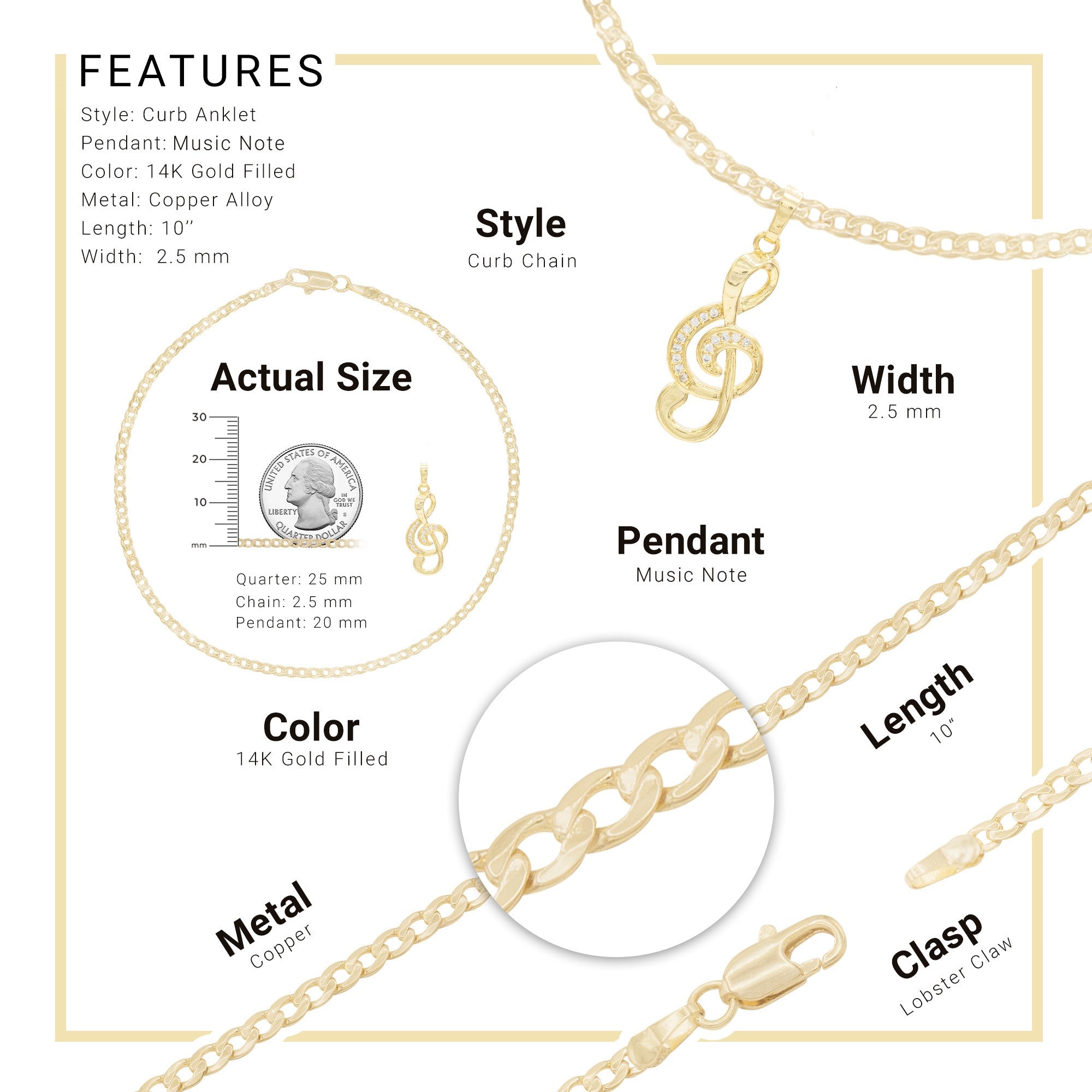 Music Note Pendant 14K Gold Filled Cubic Zirconia Anklet 10" Set 2.5 mm Women Jewelry