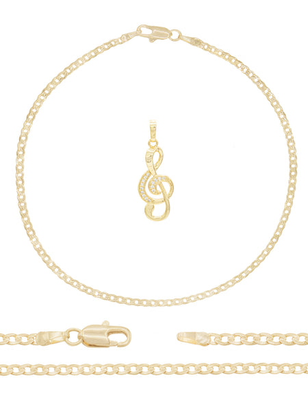 Music Note Pendant 14K Gold Filled Cubic Zirconia Anklet 10" Set 2.5 mm Women Jewelry
