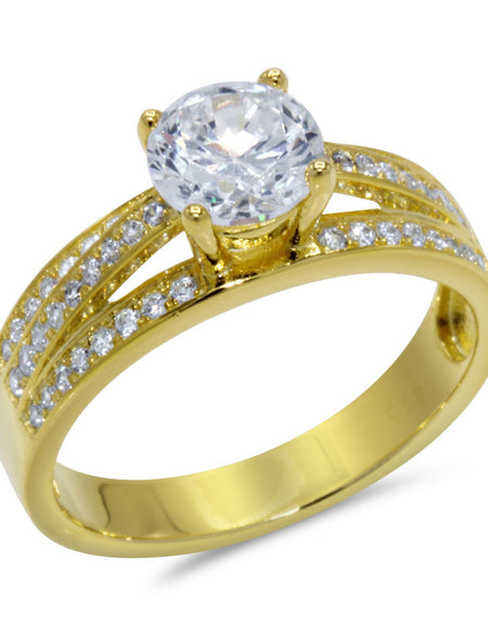CZ 6mm Center Stone Sterling Silver Gold Plated Crossover Halo Engagement Ring