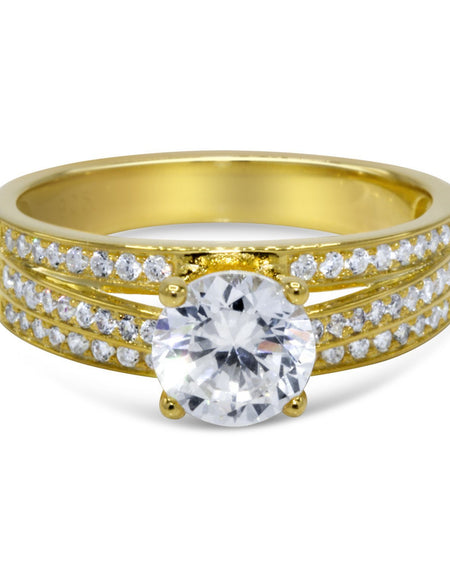 CZ 6mm Center Stone Sterling Silver Gold Plated Crossover Halo Engagement Ring