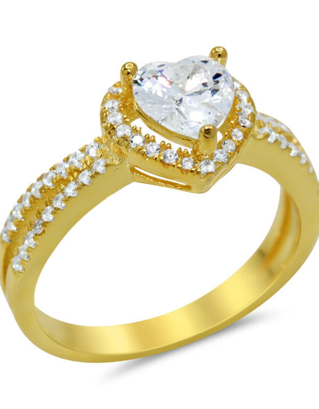 Heart Shaped Cubic Zirconia Ring in Gold Plated Sterling Silver