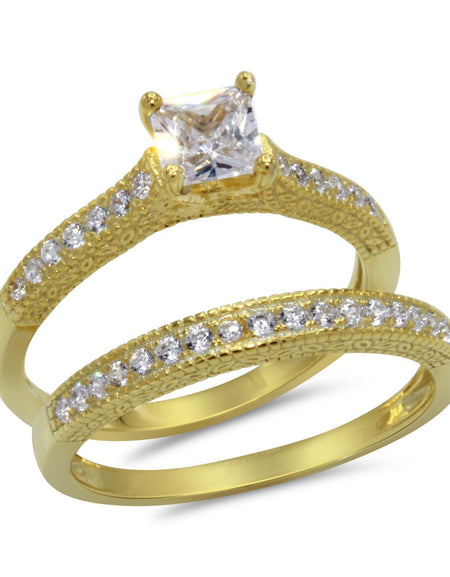 CZ 5mm Center Stone Sterling Silver Gold Plated Crossover Halo Wedding, Engagement Ring Set Size 8