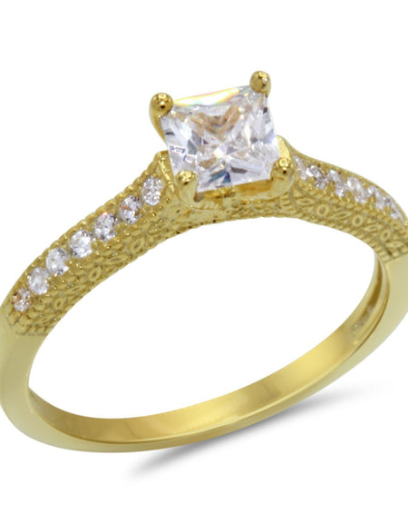 CZ 5mm Center Stone Sterling Silver Gold Plated Crossover Halo Wedding, Engagement Ring Set Size 8