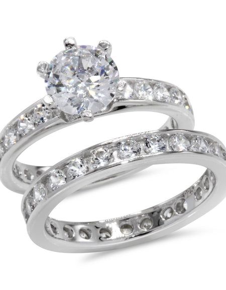 CZ 5mm Center Stone Sterling Silver Plated Crossover Halo Wedding, Engagement Ring Set