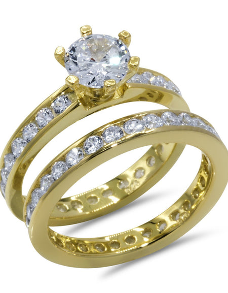 CZ 5mm Round Sterling Silver Gold Plated Crossover Halo Engagement Ring Set