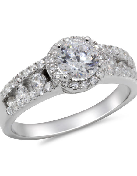 CZ 5mm Center Stone Sterling Silver Plated Crossover Halo Engagement Ring