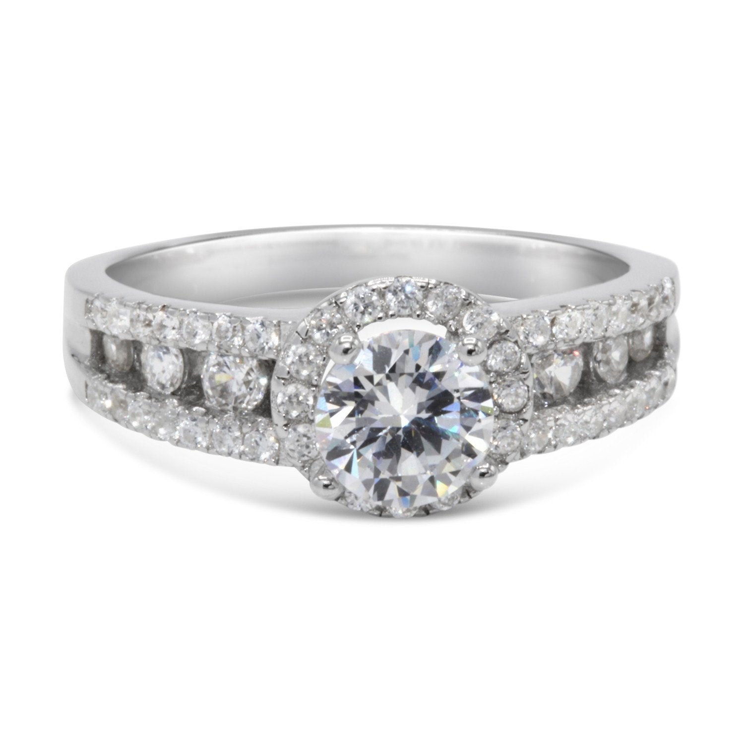 CZ 5mm Center Stone Sterling Silver Plated Crossover Halo Engagement Ring