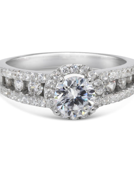CZ 5mm Center Stone Sterling Silver Plated Crossover Halo Engagement Ring