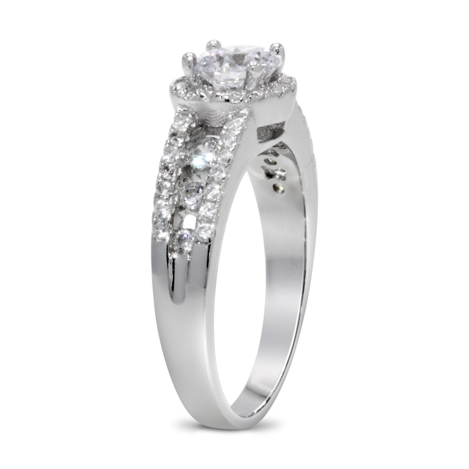 CZ 5mm Center Stone Sterling Silver Plated Crossover Halo Engagement Ring