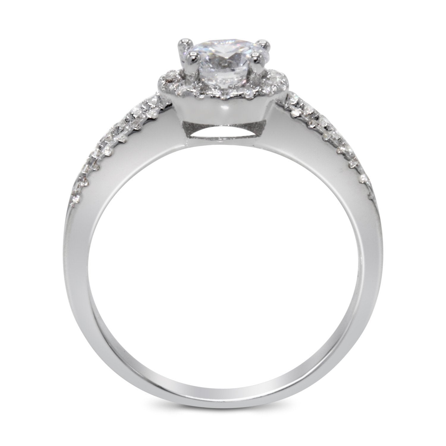 CZ 5mm Center Stone Sterling Silver Plated Crossover Halo Engagement Ring