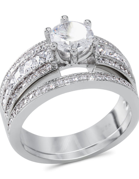 CZ 5mm Sterling Silver Plated Halo Accents Antique Filigree Bridal Sets Elegant Ring