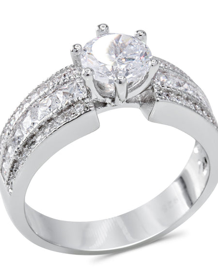 CZ 5mm Sterling Silver Plated Halo Accents Antique Filigree Bridal Sets Elegant Ring