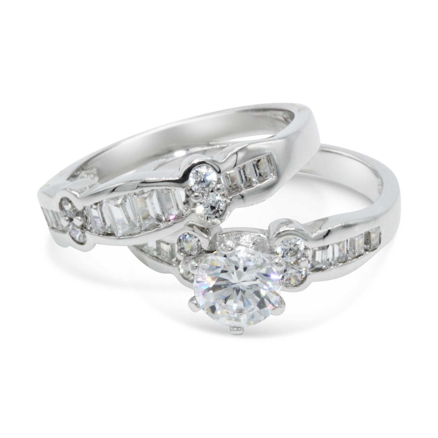 CZ 5mm Center Stone Sterling Silver Plated Crossover Halo Wedding Bridal Set, Engagement Ring