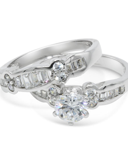 CZ 5mm Center Stone Sterling Silver Plated Crossover Halo Wedding Bridal Set, Engagement Ring
