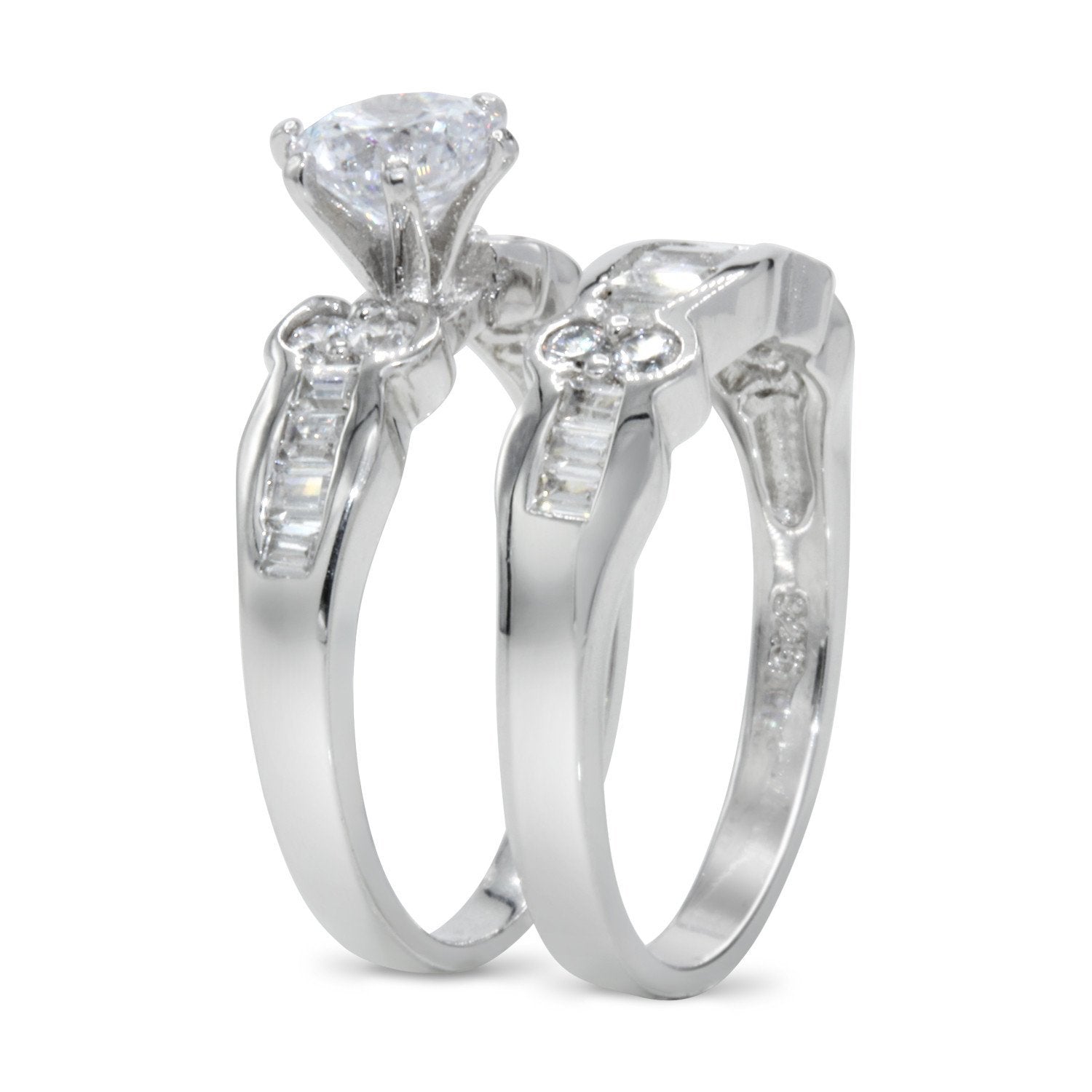 CZ 5mm Center Stone Sterling Silver Plated Crossover Halo Wedding Bridal Set, Engagement Ring