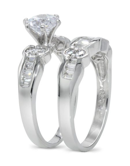 CZ 5mm Center Stone Sterling Silver Plated Crossover Halo Wedding Bridal Set, Engagement Ring