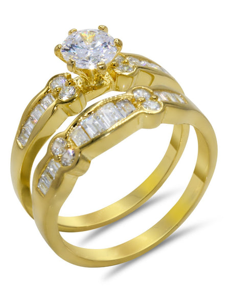 CZ 5mm Sterling Silver Gold Plated Crossover Halo Wedding Bridal Set, Engagement Ring