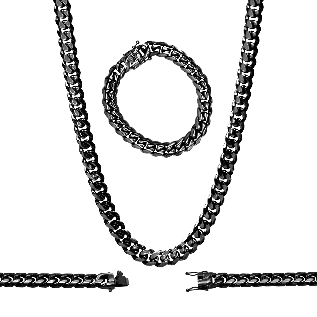Black Cuban Link Chain Necklace 30 Bracelet 8.5 Stainless Steel Set – JB  Jewelry BLVD