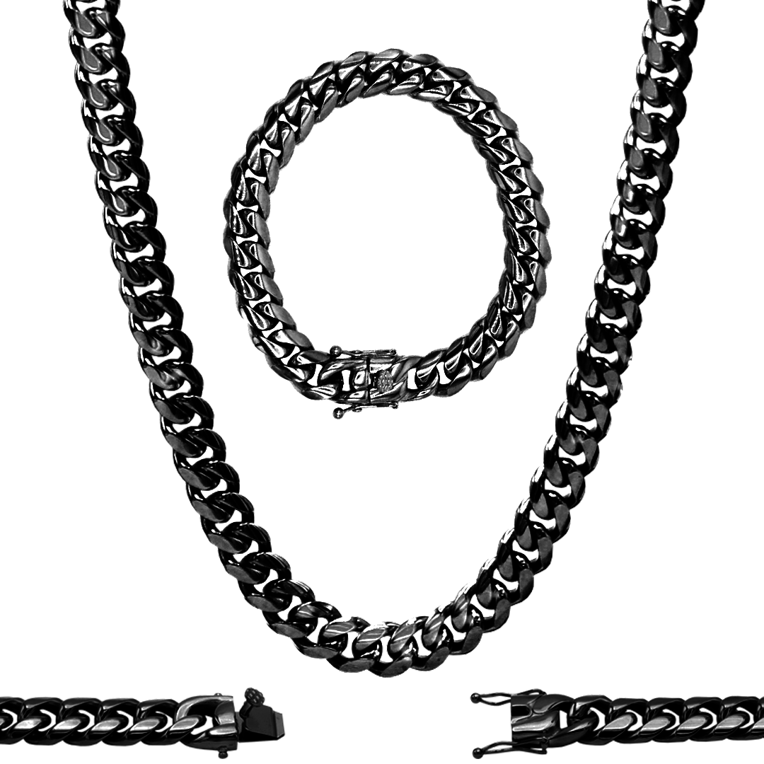14 mm Black Stainless Steel Cuban Chain Necklace