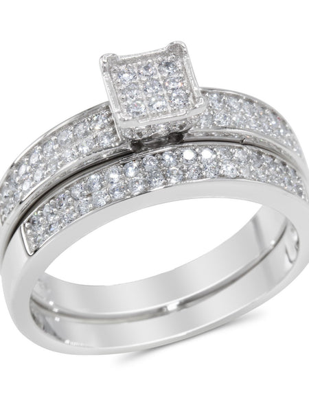 CZ 5mm Center Stone Sterling Silver Plated Crossover Halo Engagement Ring Set