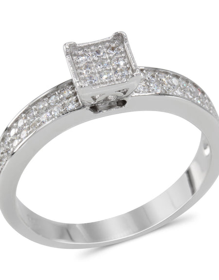 CZ 5mm Center Stone Sterling Silver Plated Crossover Halo Engagement Ring Set