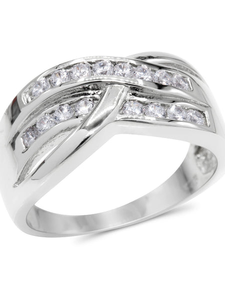 CZ Accent Stones Sterling Silver Plated Crossover Halo Engagement Ring