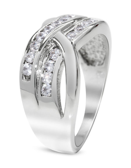 CZ Accent Stones Sterling Silver Plated Crossover Halo Engagement Ring