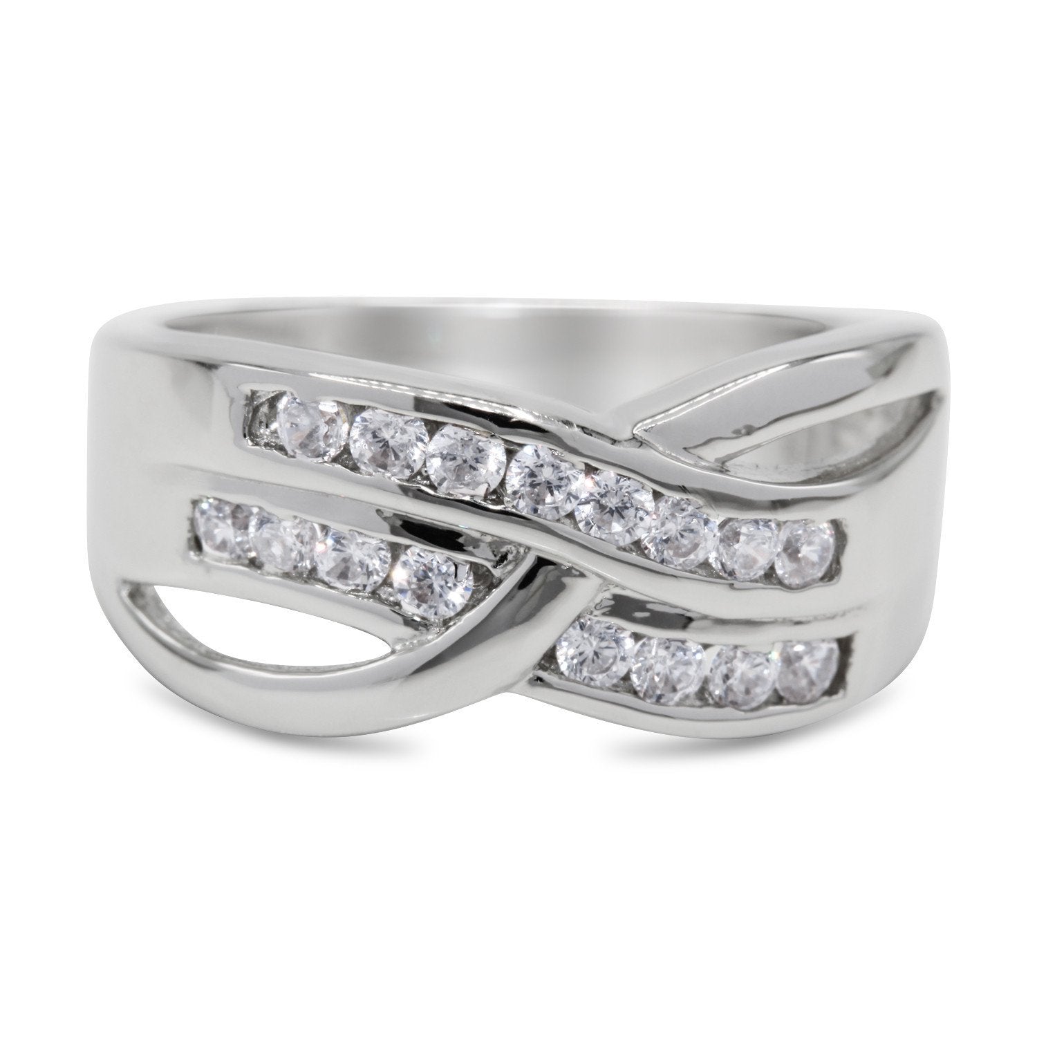 CZ Accent Stones Sterling Silver Plated Crossover Halo Engagement Ring