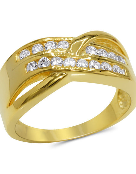 CZ Accent Stones Sterling Silver Gold Plated Crossover Halo Engagement Ring