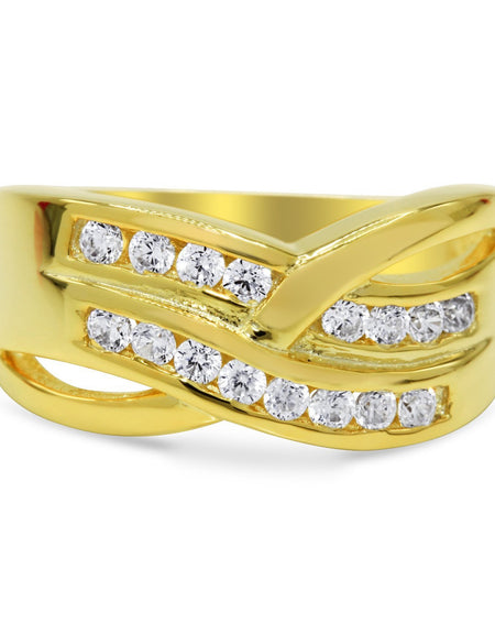 CZ Accent Stones Sterling Silver Gold Plated Crossover Halo Engagement Ring