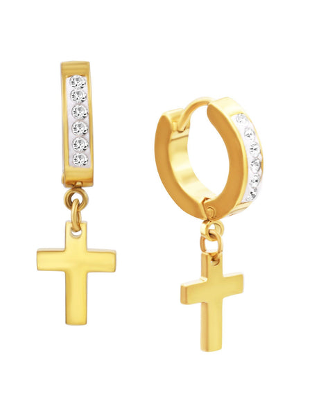 Cubic Zirconia Cross Pendant Huggie Hoops 14K Gold Plated Silver Black Earrings