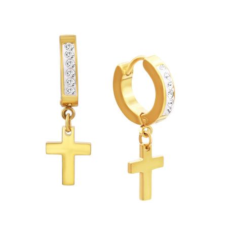 Cubic Zirconia Cross Pendant Huggie Hoops 14K Gold Plated Silver Black Earrings