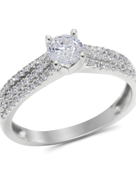 CZ 5mm Center Stone Sterling Silver Plated Crossover Halo Engagement Ring