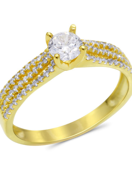 CZ 5mm Center Stone Sterling Silver Gold Plated Crossover Halo Engagement Ring