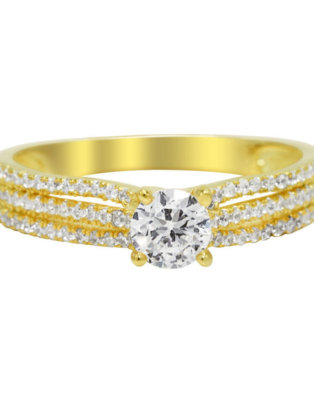 CZ 5mm Center Stone Sterling Silver Gold Plated Crossover Halo Engagement Ring