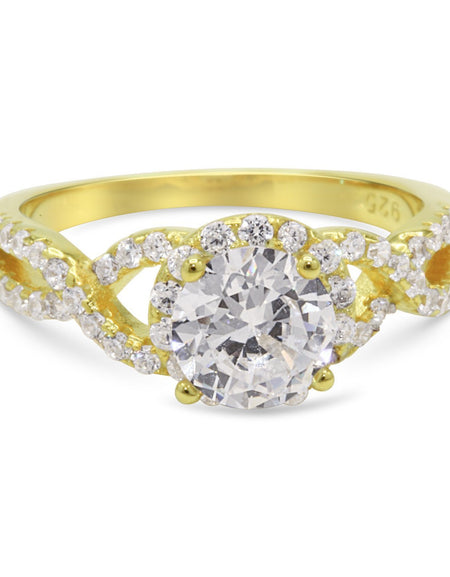 CZ 7mm Center Stone Sterling Silver Gold Plated Crossover Halo Engagement Ring