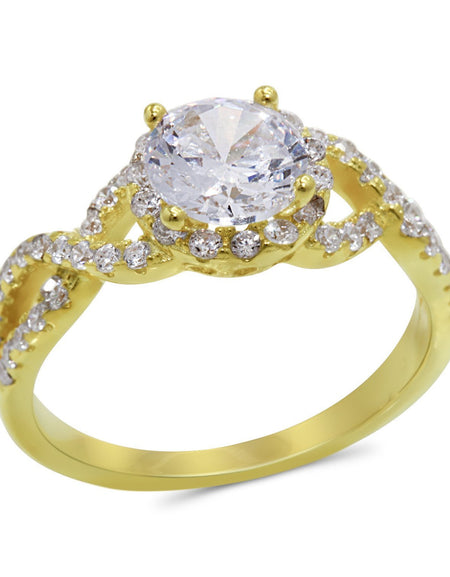 CZ 7mm Center Stone Sterling Silver Gold Plated Crossover Halo Engagement Ring